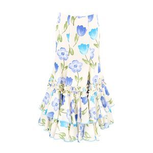 Late 1970s Watercolor Floral Drop-Waist Tiered Crepe Maxi Skirt